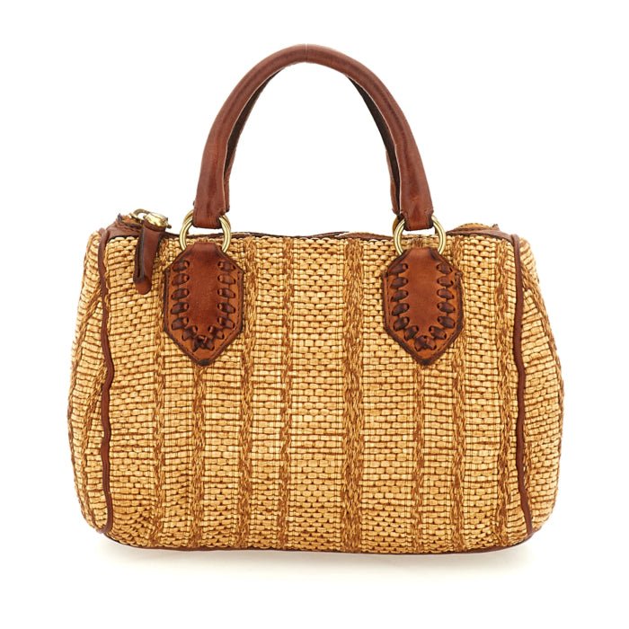 Bauletto Riccarda - Montecatini in tessuto rafia e pelle Campomaggi C043960ND X3013 Bianco e tinto Cognac - Pelletteria Allegrini