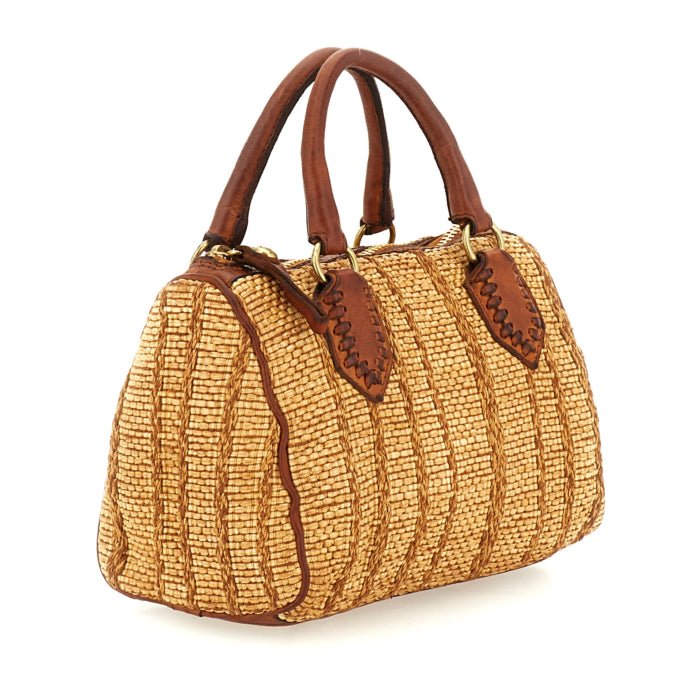 Bauletto Riccarda - Montecatini in tessuto rafia e pelle Campomaggi C043960ND X3013 Bianco e tinto Cognac - Pelletteria Allegrini
