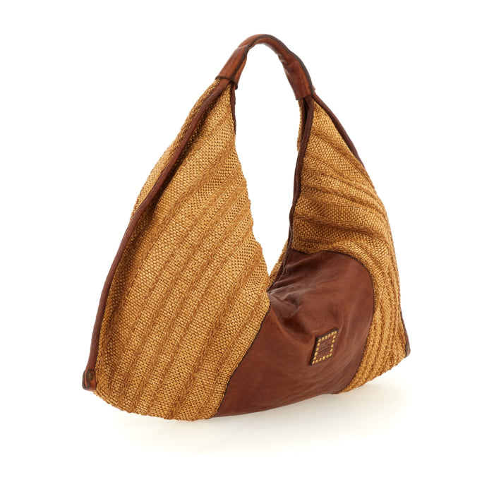 Shoulder bag in raffia fabric and leather Atena Campomaggi C000570ND X3013 Cognac