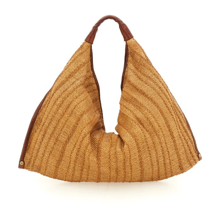 Borsa a spalla Atena in tessuto rafia e pelle Campomaggi C000570ND X3013 Cognac - Pelletteria Allegrini