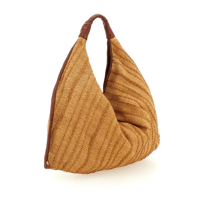 Borsa a spalla Atena in tessuto rafia e pelle Campomaggi C000570ND X3013 Cognac - Pelletteria Allegrini