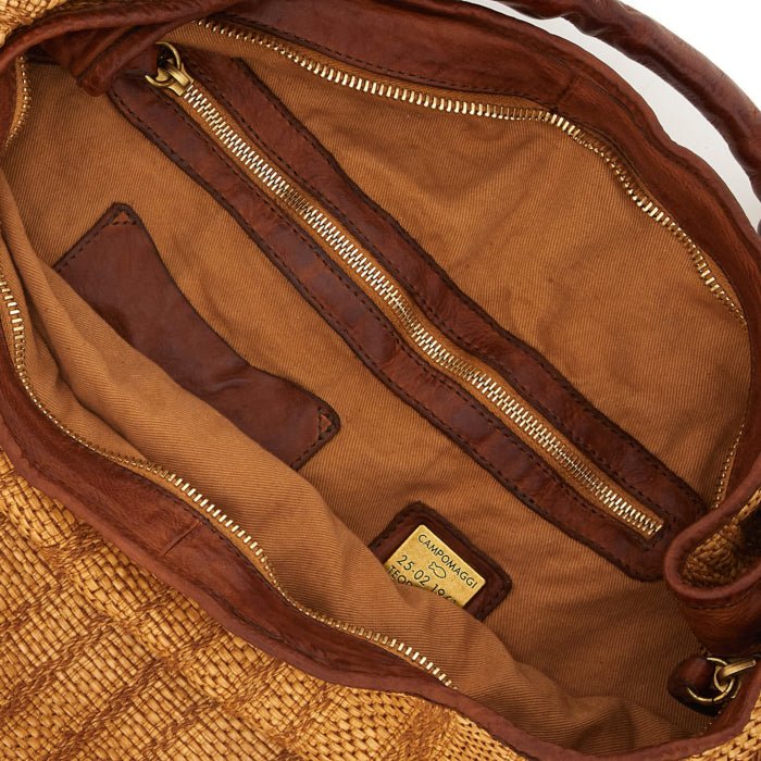 Borsa a spalla Atena in tessuto rafia e pelle Campomaggi C000570ND X3013 Cognac - Pelletteria Allegrini