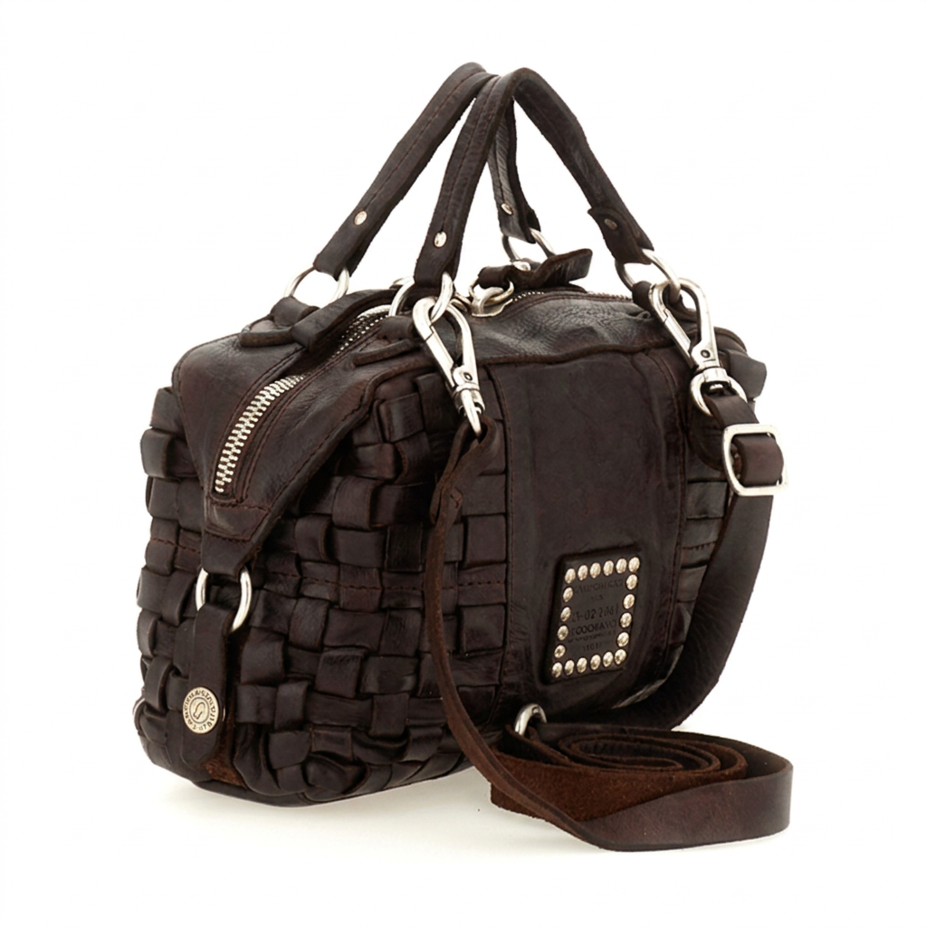 Campomaggi Edera line Petra bauletto bag in woven leather C044310ND X2866 dark brown