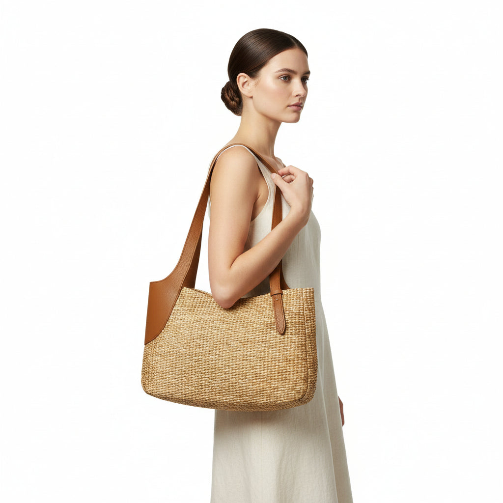 Borsa grande con due manici in pelle e rafia Bruno Rossi PA257 Corda