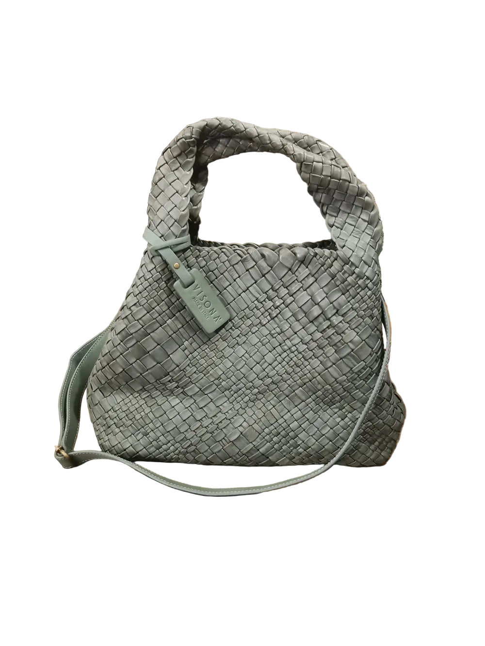 Borsa Visonà in pelle intrecciata di medie dimensioni con tracolla removibile e tasche interne.