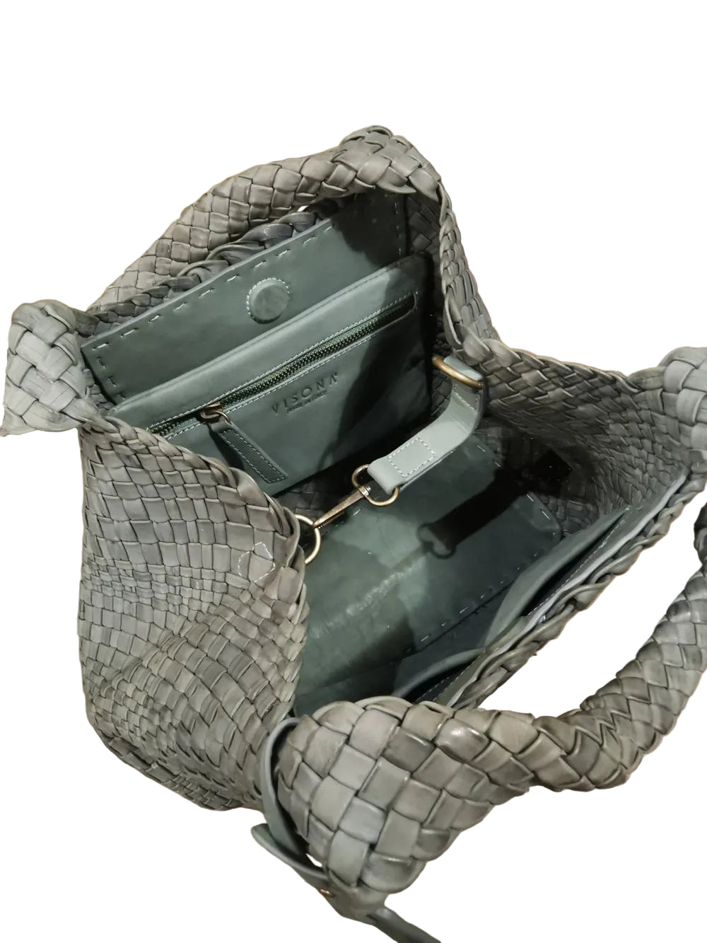 Borsa Visonà in pelle intrecciata di medie dimensioni con tracolla removibile e tasche interne.