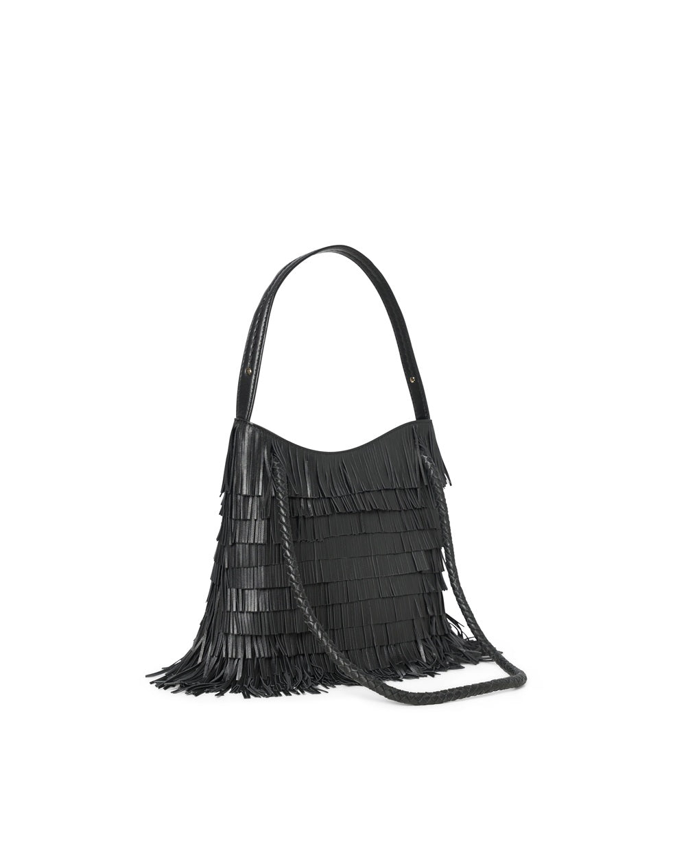 Borsa di medie dimensioni, realizzata interamente in pelle e arricchita di frange. Piccola maniglia più due grandi, fisse. Made in Italy