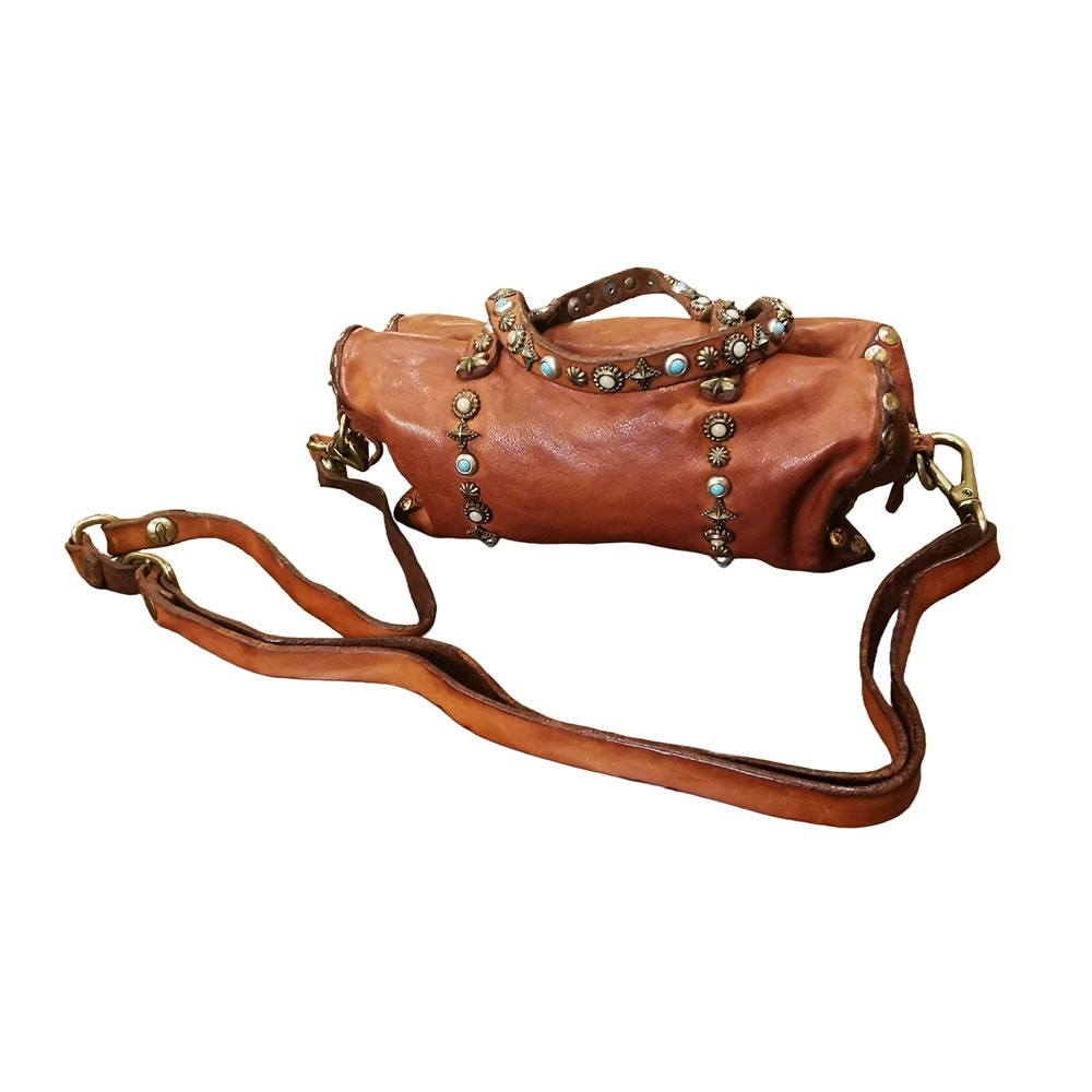 Borsa piccola a forma di cuore con pietre e borchie Campomaggi C045110ND-X3159 Cognac