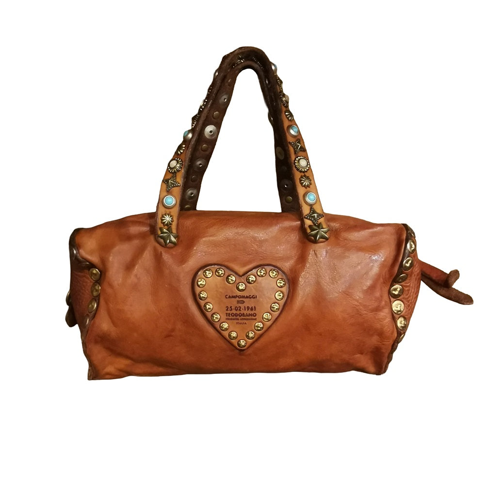 Borsa piccola a forma di cuore con pietre e borchie Campomaggi C045110ND-X3159 Cognac