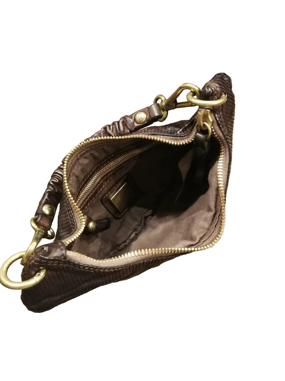 Borsa piccola a forma di luna, con doppia tracolla, una piccola e una lunga regolabile. Made in Italy