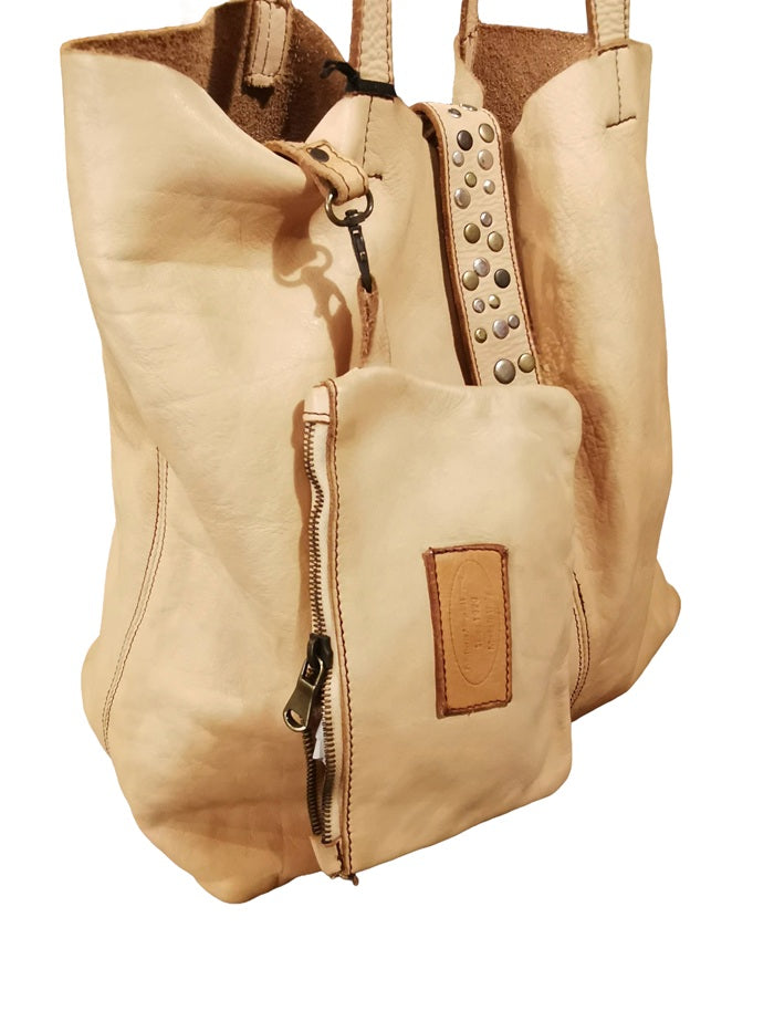 Leather Shopper Bag Pelletteria Allegrini Filippo 1039 Beige