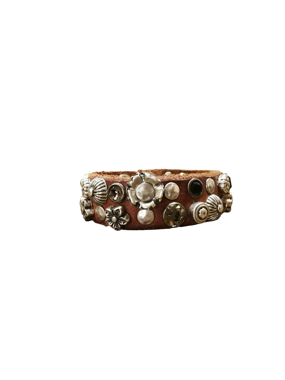 Bracciale in pelle con strass e borchie a fiori Campomaggi C024010ND-X2945 Cognac