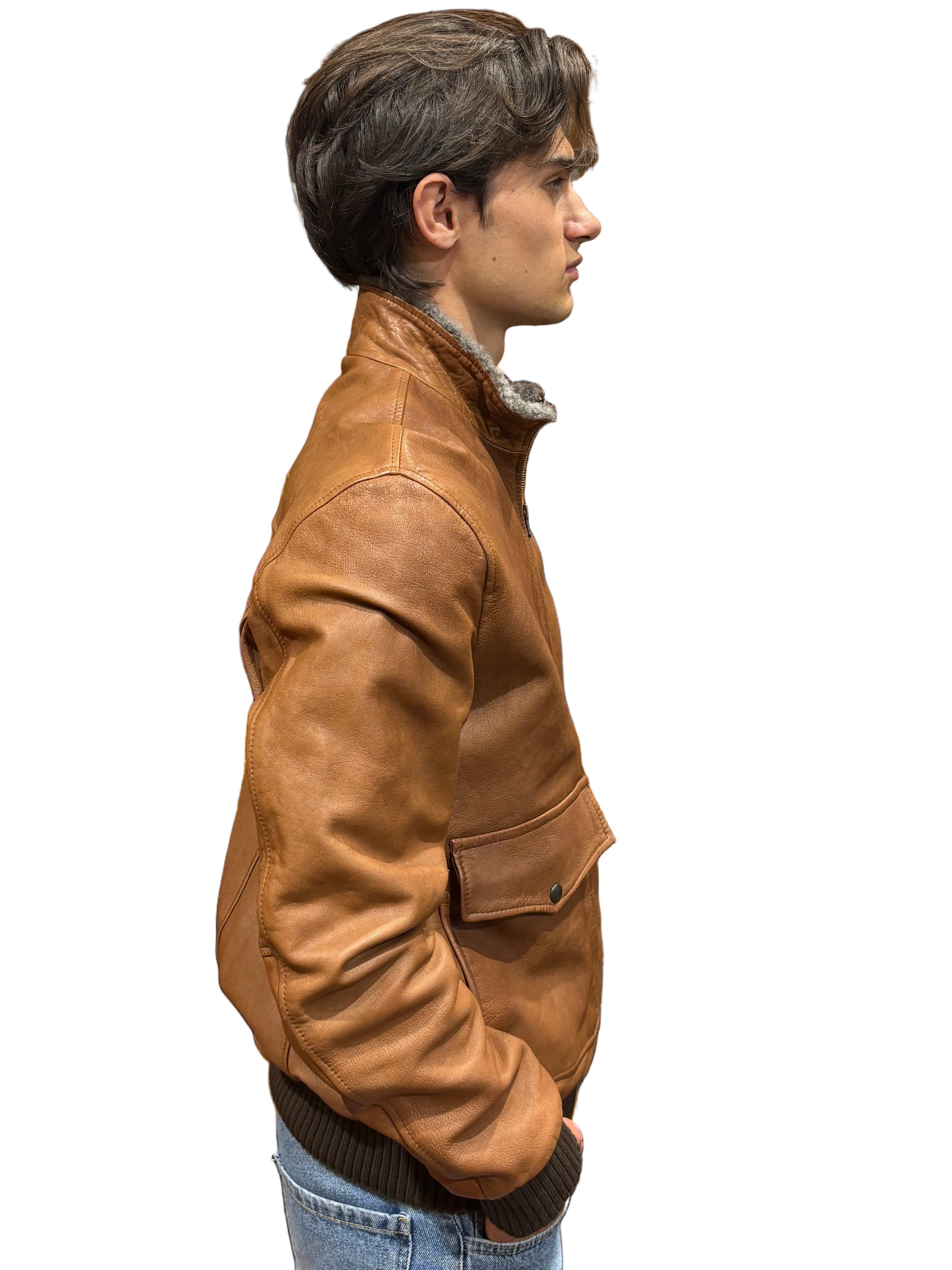 Giacca in pelle con collo in pelo Pelletteria Allegrini Filippo BENTIVOGLIO Cuoio