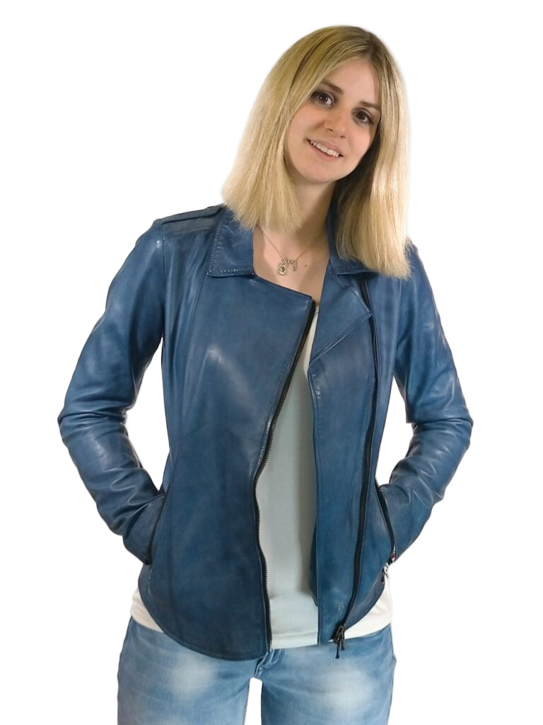 Giacca in pelle donna tamponata a mano Pelletteria Allegrini Filippo GREASE Tuscany Bluette