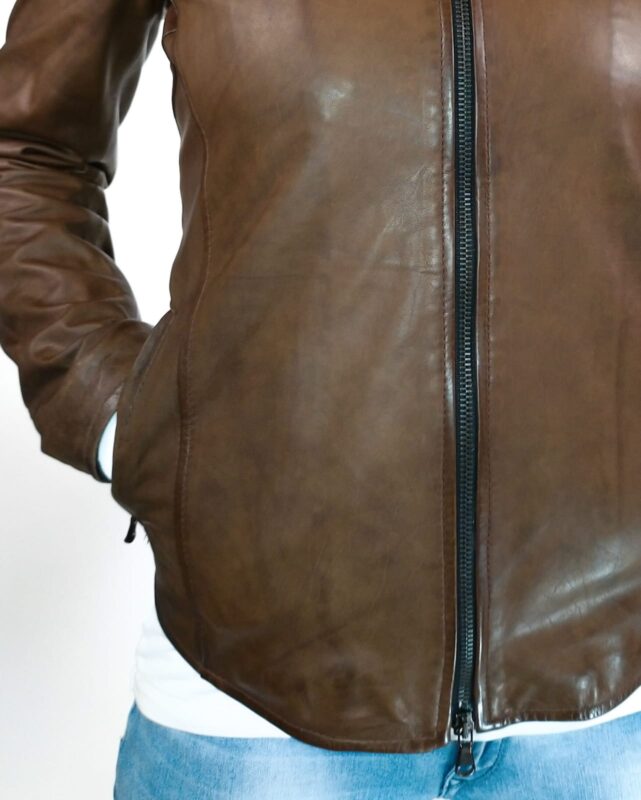 Giacca in pelle donna tamponata a mano Pelletteria Allegrini Filippo ROMANA tuscany Testa di moro