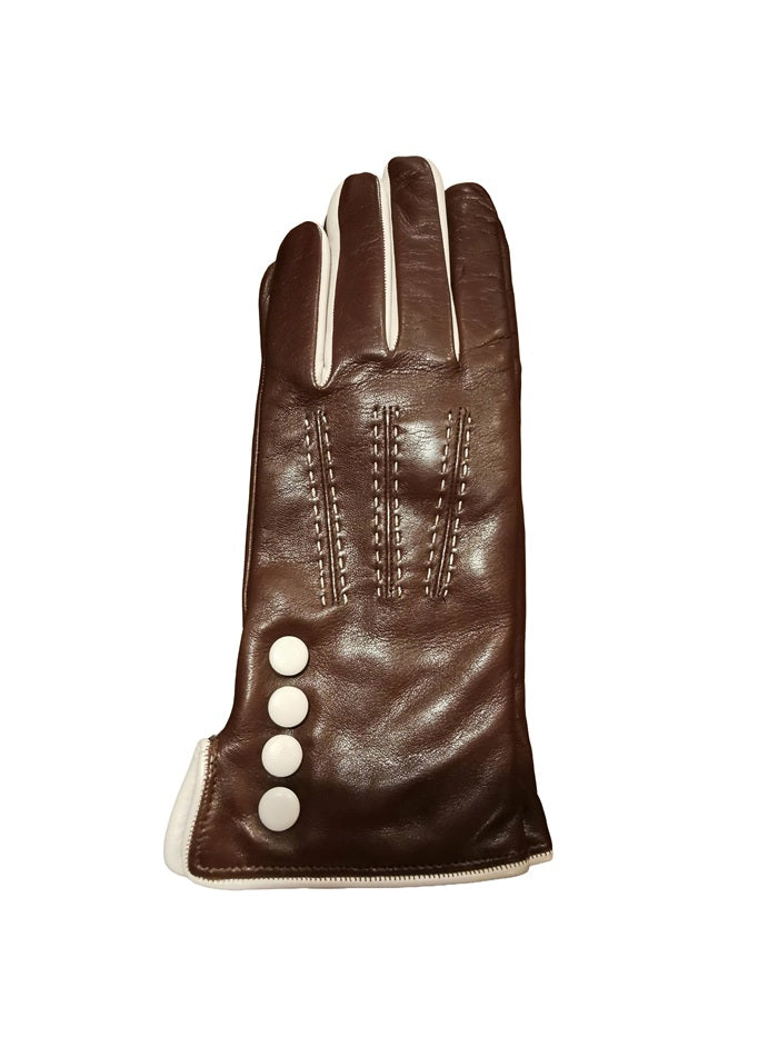 Women's leather gloves with side buttons Pelletteria Allegrini Filippo G5534 brown/beige