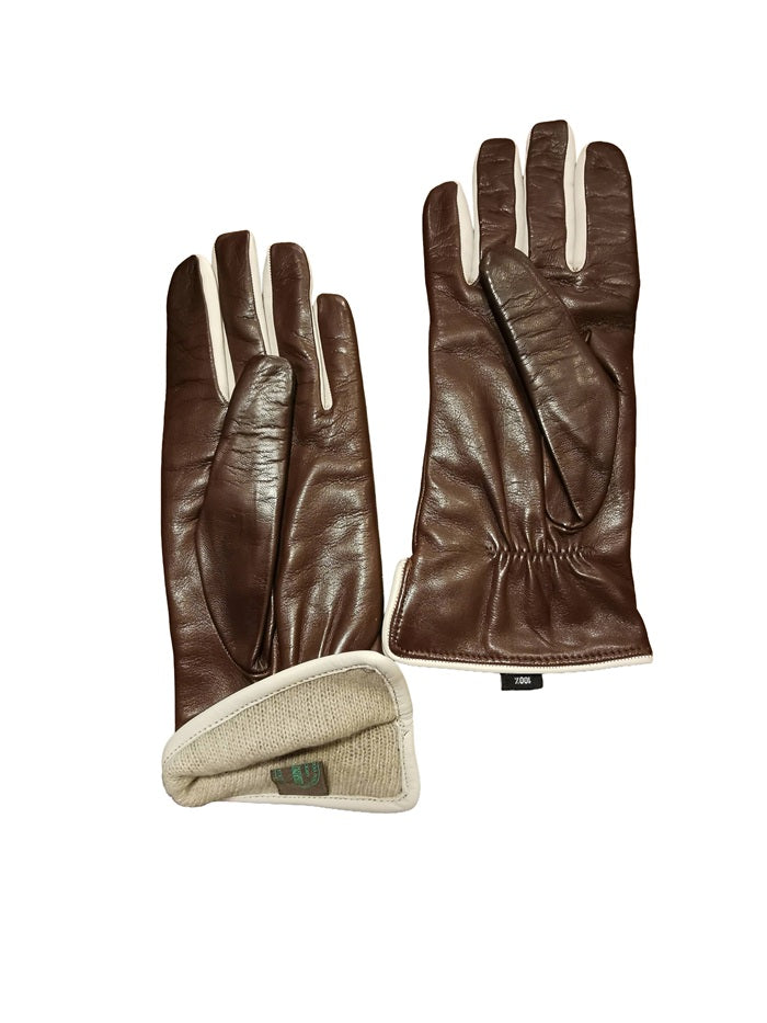 Women's leather gloves with side buttons Pelletteria Allegrini Filippo G5534 brown/beige