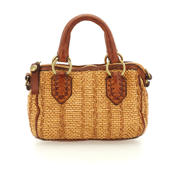 Mini trunk in raffia fabric and leather Riccarda-Montecatini Campomaggi C044150ND X3013 White dyed Cognac