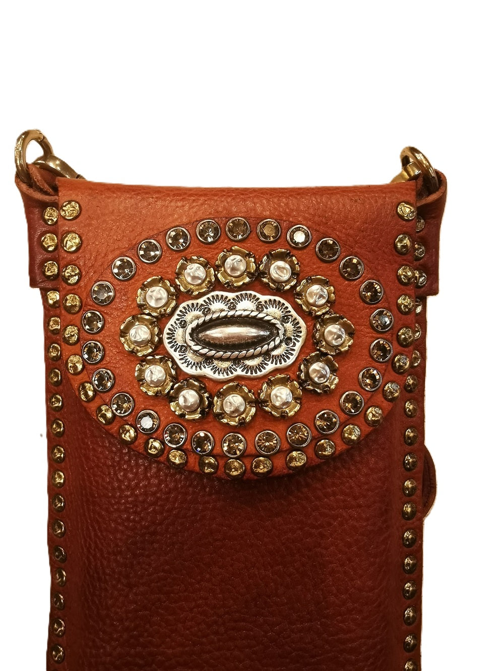 Portacellulare Lea in pelle con strass e rivetti Campomaggi C017401ND-X3232 Cognac