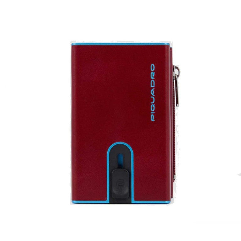 Portafoglio compatto, porta carte con pratica tasca con zip in cui riporre le monete, di Piquadro. Piccolo, leggero, realizzato in morbida pelle con case in alluminio e protezione RFID.