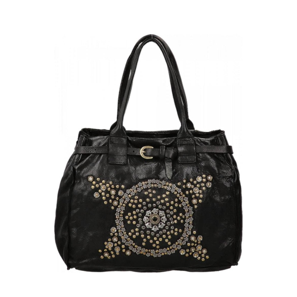 Shopping in pelle con rivetti e strass Campomaggi C041020ND X2885 NERO
