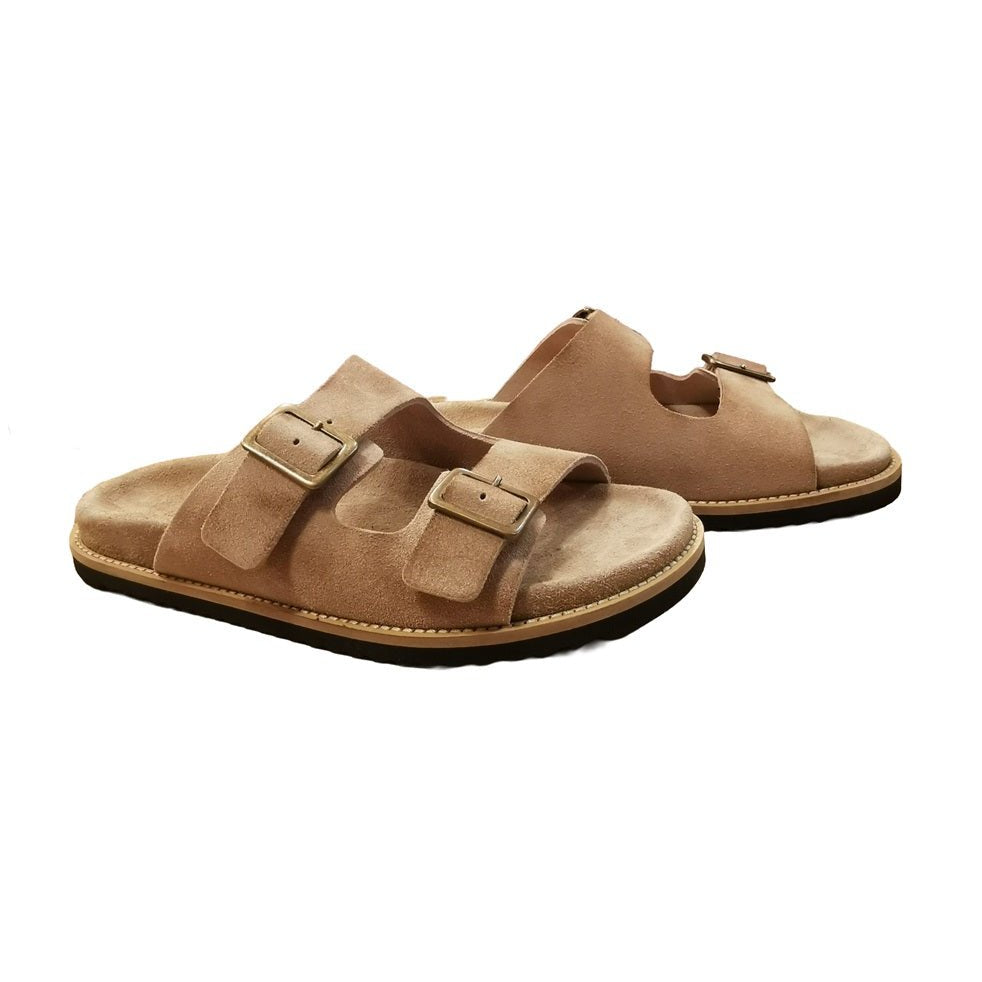 Sandalo con doppia fibbia da donna in nabuk invecchiato Pelletteria Allegrini Filippo W2511 Taupe - Pelletteria Allegrini