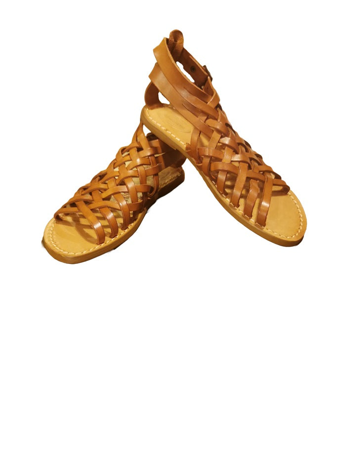 Sandalo cuoio incrociato con doppia fibbia donna Pelletteria Allegrini Filippo 585D cuoio