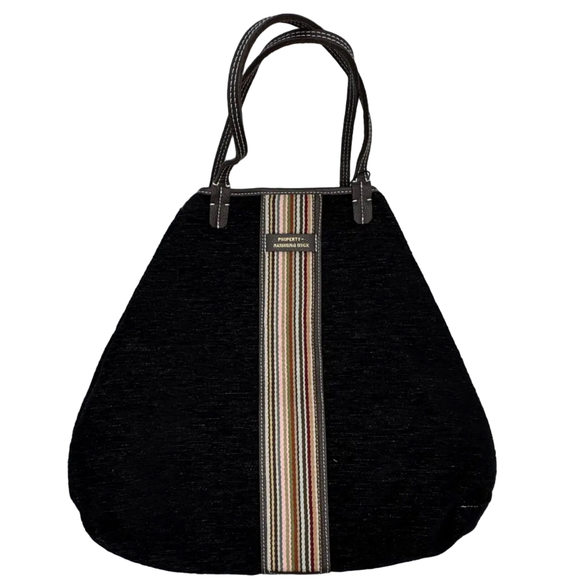 Shopper in tessuto tinta unita, con banda centrale multicolor e classica scritta MANIKOMIO, con borsetta interna staccabile.