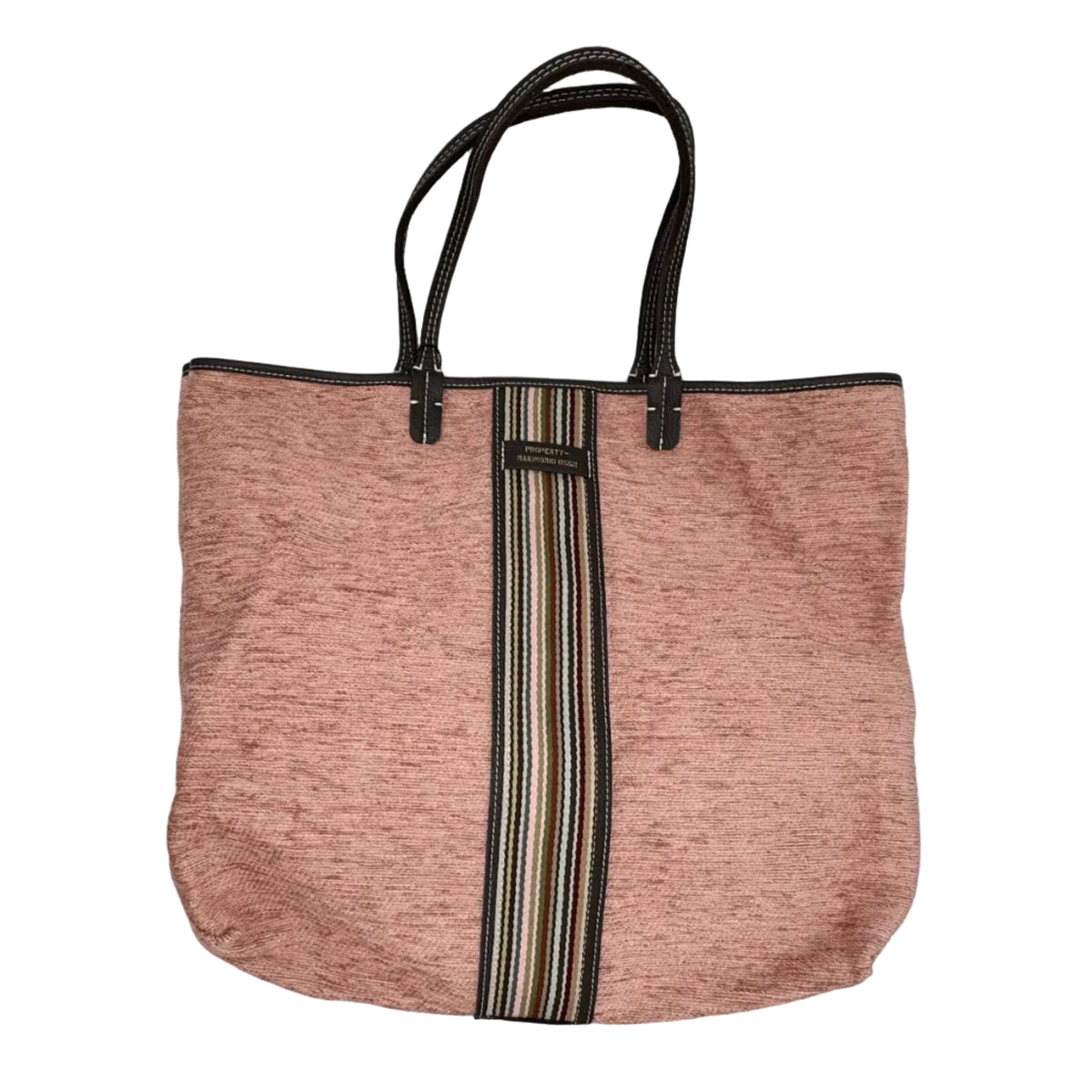 Shopper in tessuto tinta unita, con banda centrale multicolor e classica scritta MANIKOMIO, con borsetta interna staccabile.