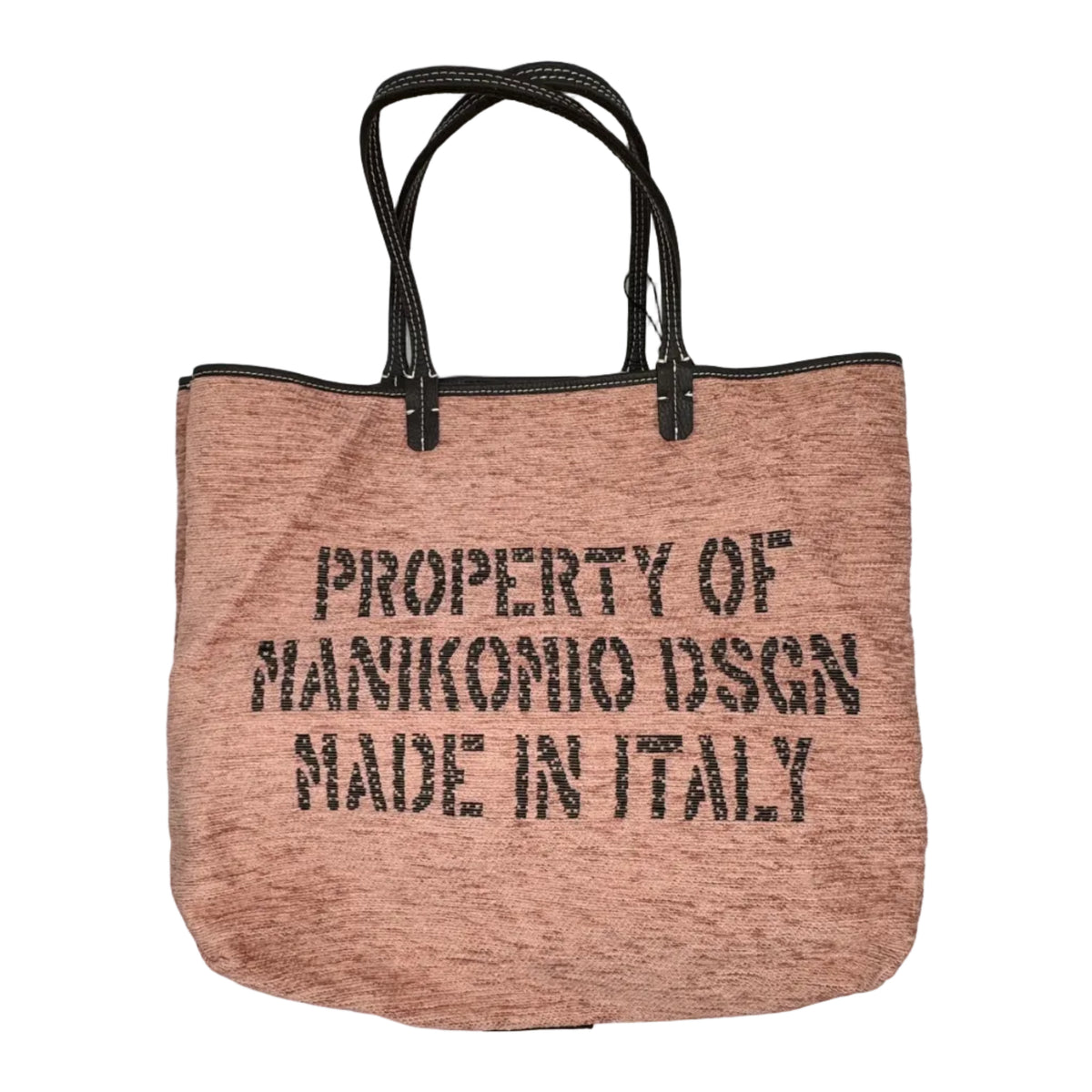 Shopper in tessuto tinta unita, con banda centrale multicolor e classica scritta MANIKOMIO, con borsetta interna staccabile.