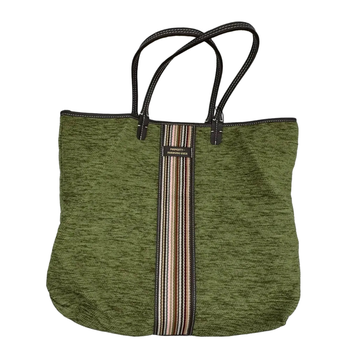 Shopper in tessuto tinta unita, con banda centrale multicolor e classica scritta MANIKOMIO, con borsetta interna staccabile.