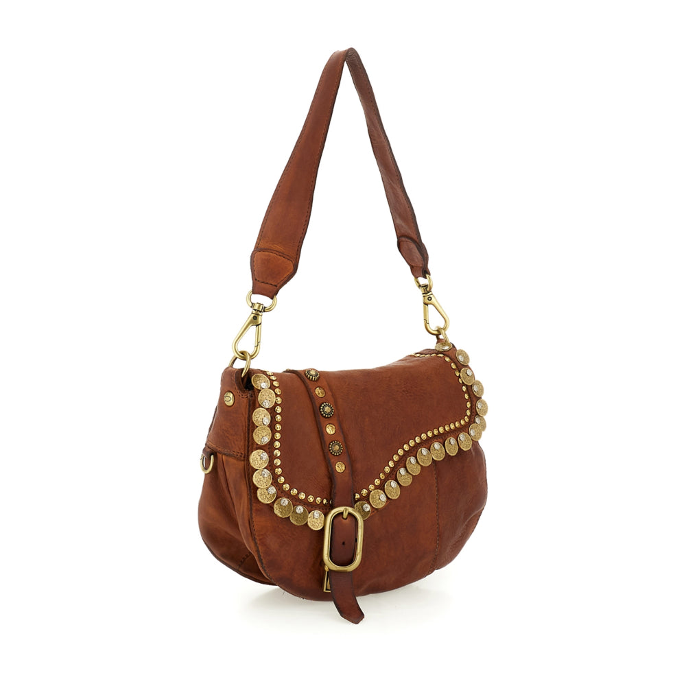 Tracolla in pelle con borchie Gioachina Campomaggi C029370ND X3010 Cognac