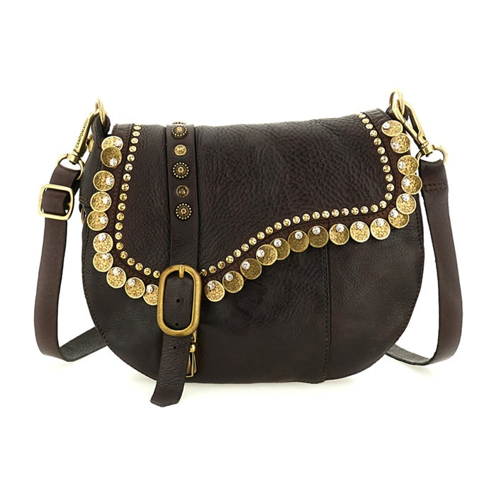 Tracolla in pelle con borchie Gioachina Campomaggi C029370ND X3010 Testa di moro