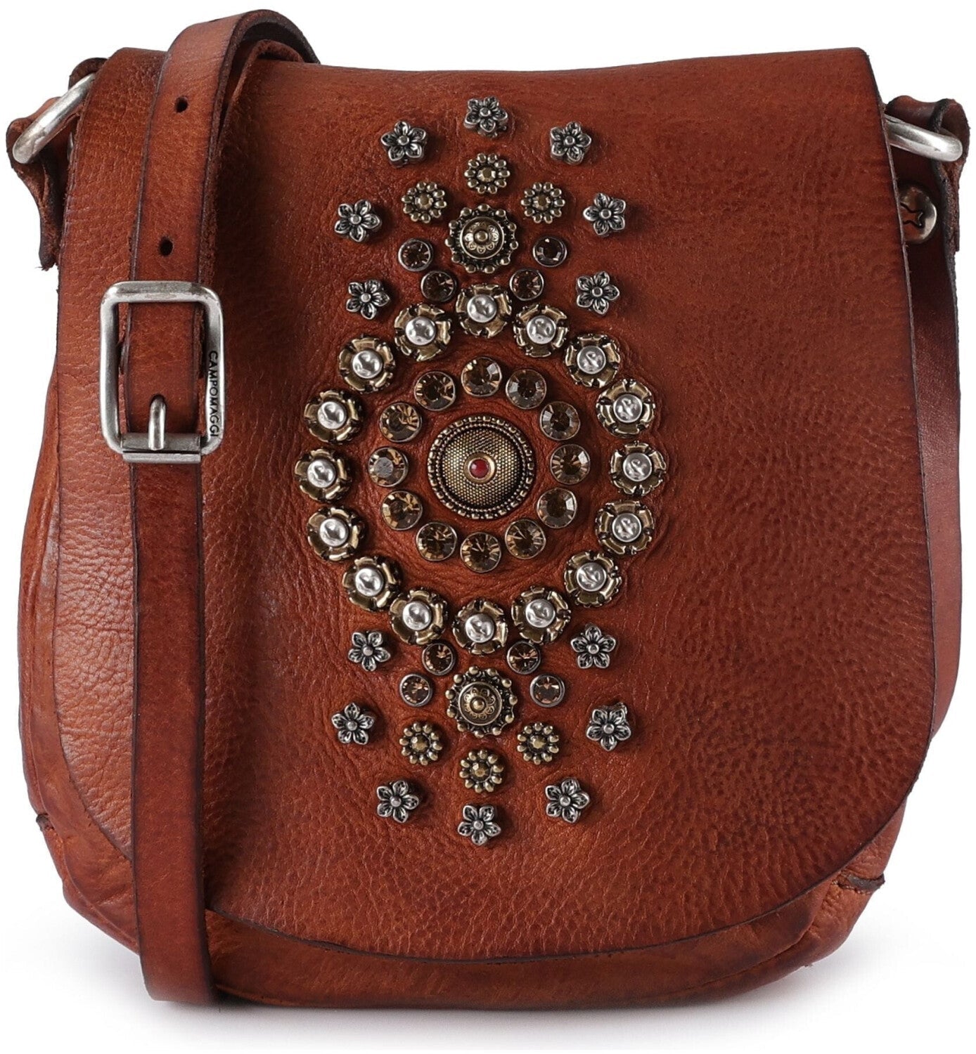 Tracollina Giada con strass+fiori in pelle Campomaggi C000250ND X3037 cognac - Pelletteria Allegrini