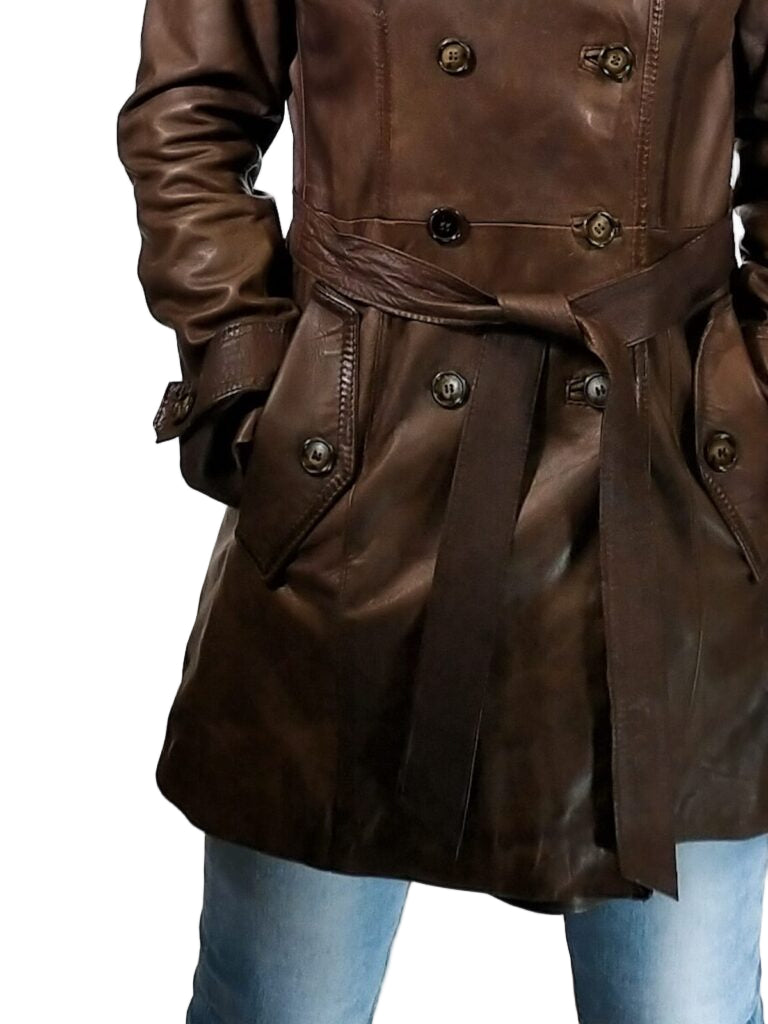Women's TRENCH coat in hand-stamped Tuscany leather Pelletteria Allegrini Filippo Dark brown